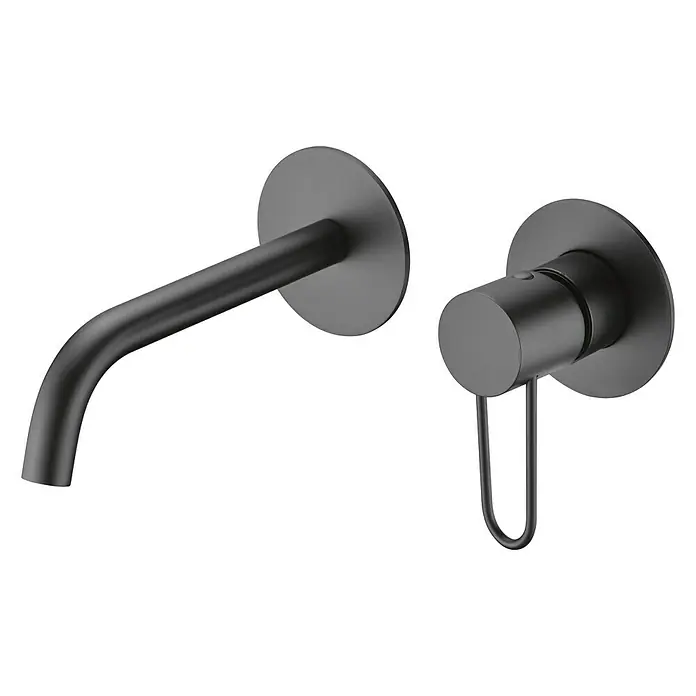 Imex Milos Grifo de lavabo - Negro - Primer plano de un moderno juego de grifos de pared negro mate con caño y palanca para el baño.