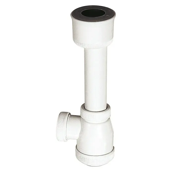 Sifón de botella para urinario - 1 ½″ - Un sifón blanco con un inserto de goma negro, típicamente usado para lavabos o fregaderos. Instalación sanitaria en detalle.
