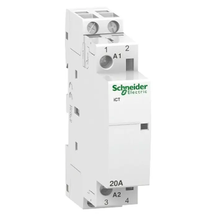 Schneider Electric Contactor modular - 20 A, 2 ud. - Un contactor Schneider Electric iCT 20A para montaje en carril DIN, ideal para automatización de edificios y control de carga. Diseño compacto.