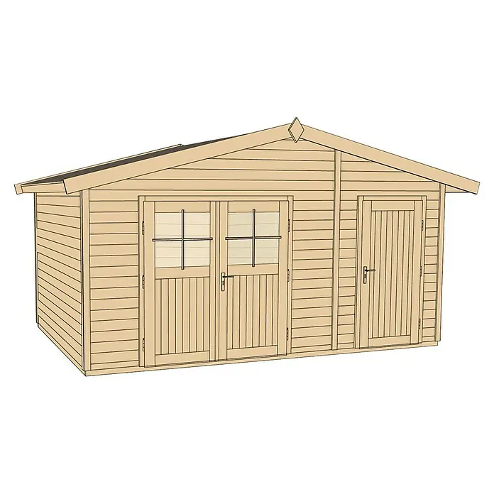 Weka Gartenhaus Palermo - Außenmaß inkl. Dachüberstand (B x T): 460 x 320 cm, Holz, Natur, 9,4 m² - Abbildung eines Holzgartenhauses mit Doppeltür und Einzeltür, ideal für die Lagerung von Gartengeräten und -möbeln.