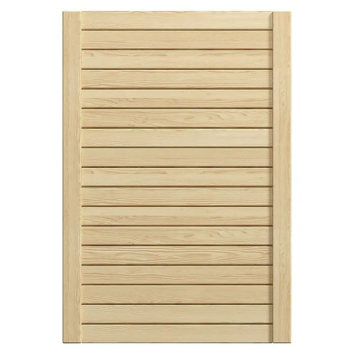 Möbeltür - B x H: 494 x 766 mm, Natur - Nahaufnahme einer Holztür mit horizontalen Brettern und vertikalen Rahmen, die eine rustikale und natürliche Optik bietet.