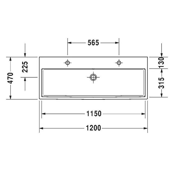Duravit Vero Air Doppelwaschtisch - 120 x 47 cm, Ohne Spezialglasur, Hahnloch: Mitte, Ohne Überlauf, Weiß, Geschliffen - Technische Zeichnung eines Duravit Waschbeckens mit Maßangaben für Installationen im Badezimmer.