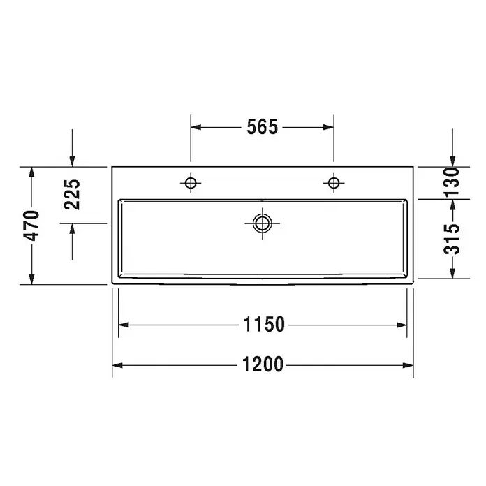 Duravit Vero Air Doppelwaschtisch - 120 x 47 cm, Ohne Spezialglasur, Hahnloch: Mitte, Mit Überlauf, Weiß, Geschliffen - Eine technische Zeichnung eines rechteckigen Waschbeckens mit Maßangaben für Design und Installation.
