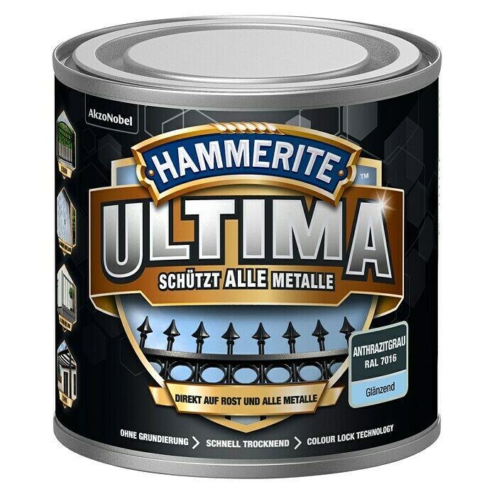 Hammerite Metall-Schutzlack ULTIMA (RAL 7016, Anthrazitgrau, 250 ml, Glänzend, Wasserbasiert)