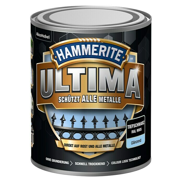 Hammerite Metall-Schutzlack ULTIMA (RAL 9005, Tiefschwarz, 750 ml, Glänzend)