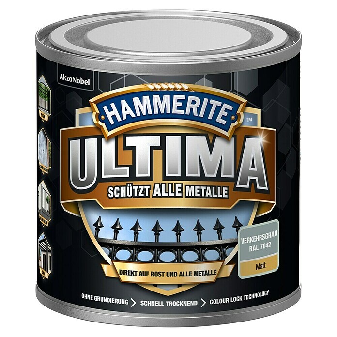 Hammerite Metall-Schutzlack ULTIMA (RAL 7042, Verkehrsgrau, 250 ml, Matt)