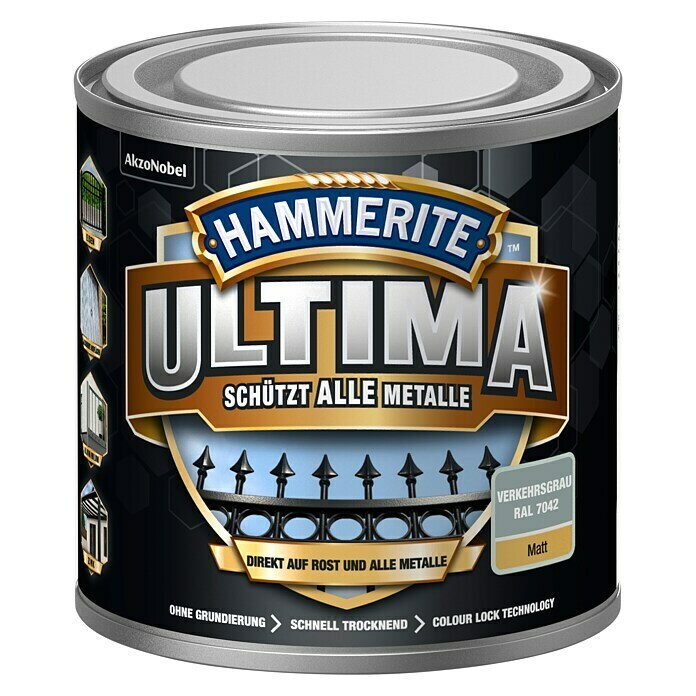 Hammerite Metall-Schutzlack ULTIMA (RAL 7042, Verkehrsgrau, 250 ml, Matt)