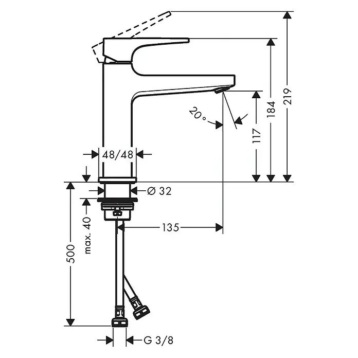 Hansgrohe Metropol Waschtischarmatur 110 - Chrom, Glänzend - Technische Zeichnung eines Wasserhahns mit Maßangaben. Ideal für Badplanung und Installation.