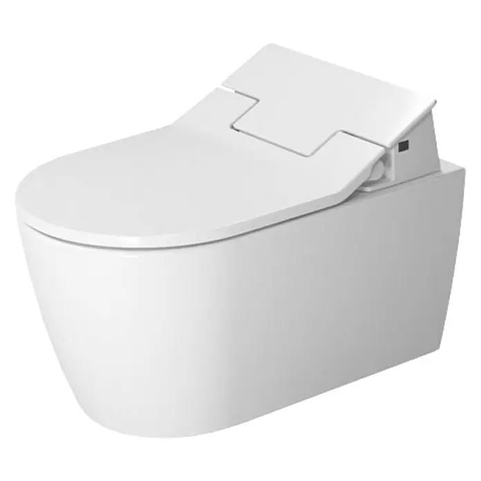 Duravit ME by Starck Wand-WC Typ 1 - Mit Spülrand, Ohne Spezialglasur, Spülform: Tief, WC Abgang: Waagerecht, Weiß - Dieses Bild zeigt eine moderne, wandhängende Toilette in Weiß mit einem intelligenten Bidet-Sitz für maximalen Komfort und Hygiene.