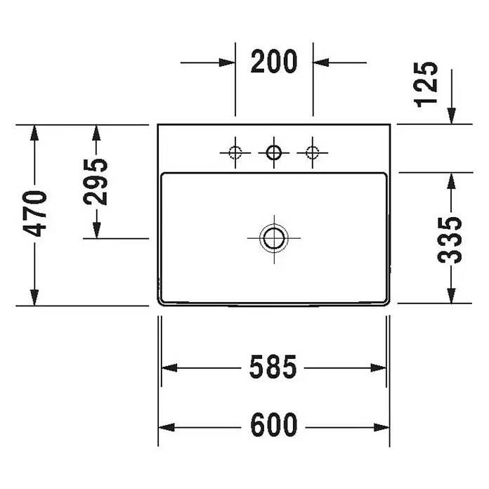 Duravit DuraSquare Waschtisch - 60 x 47 cm, Ohne Spezialglasur, Hahnloch: Ohne, Ohne Überlauf, Weiß, Geschliffen - Technische Zeichnung eines Waschbeckens mit Maßangaben zur Montage. Waschbeckenbreite: 600mm, Tiefe: 470mm, Hahnlochabstand: 200mm.