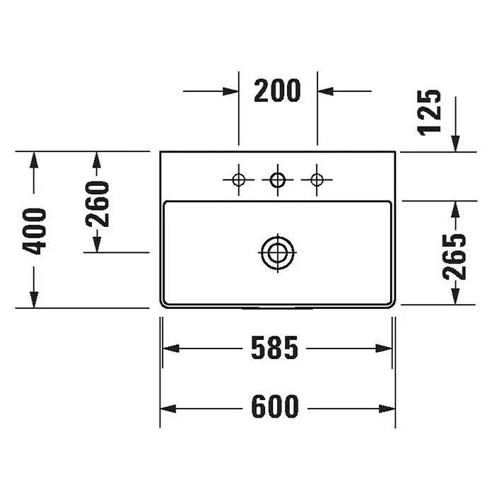 Duravit DuraSquare Waschtisch Compact - 60 x 40 cm, Ohne Spezialglasur, Hahnloch: Ohne, Ohne Überlauf, Weiß, Geschliffen - Technische Zeichnung des Duravit Waschtisch Vero Air mit Maßen.