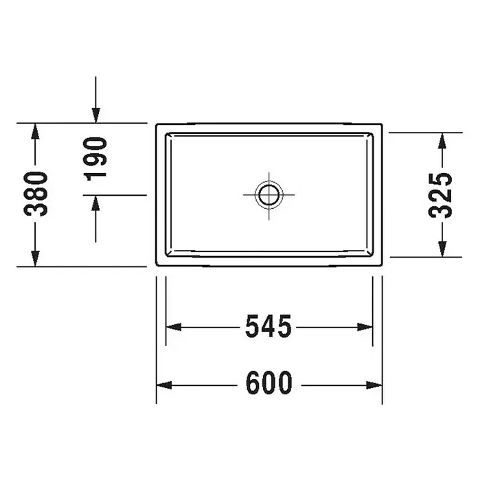 Duravit Vero Air Aufsatzwaschbecken - 60 x 38 cm, Ohne Spezialglasur, Hahnloch: Ohne, Ohne Überlauf, Weiß - Technische Zeichnung des Waschbeckens mit Maßangaben: 600x380mm (außen) und 545x325mm (innen).