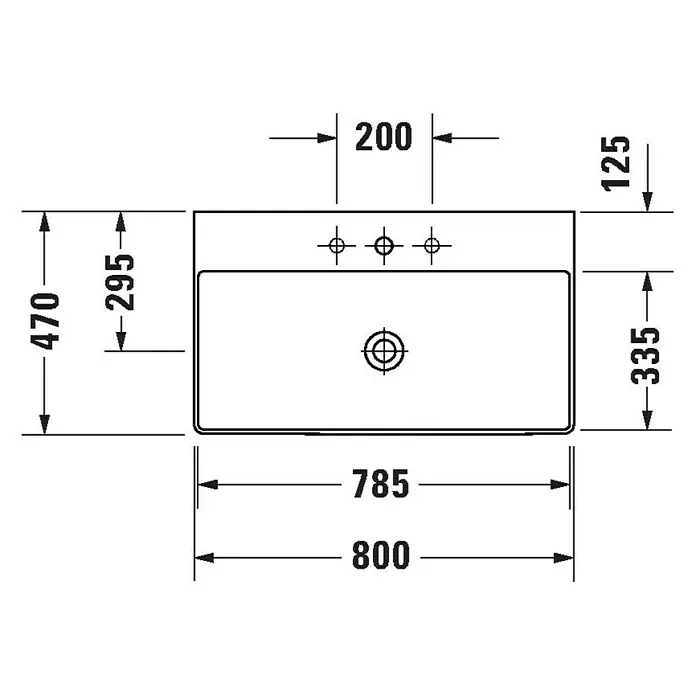 Duravit DuraSquare Waschtisch - 80 x 47 cm, Ohne Spezialglasur, Hahnloch: Mitte, Ohne Überlauf, Weiß, Geschliffen - Technische Zeichnung eines rechteckigen Waschbeckens mit detaillierten Maßangaben in Millimetern.