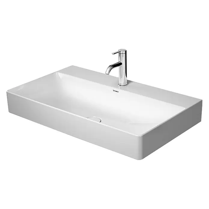 Duravit DuraSquare Waschtisch - 80 x 47 cm, Ohne Spezialglasur, Hahnloch: Mitte, Ohne Überlauf, Weiß, Ungeschliffen - Elegantes rechteckiges Waschbecken aus weißer Keramik mit einer modernen Armatur aus Chrom.