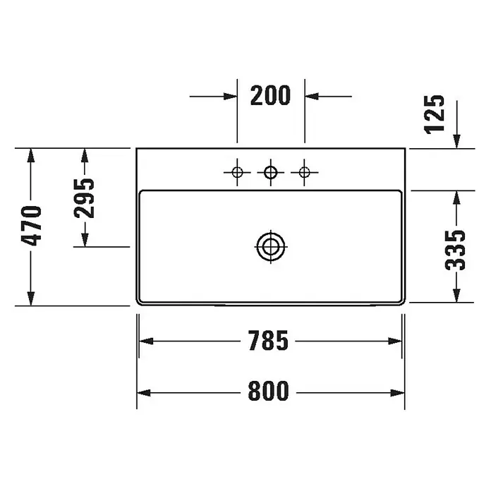 Duravit DuraSquare Waschtisch - 80 x 47 cm, Ohne Spezialglasur, Hahnloch: Mitte, Ohne Überlauf, Weiß, Ungeschliffen - Technische Zeichnung eines rechteckigen Waschbeckens mit Maßangaben für Design, Installation und Sanitärplanung.