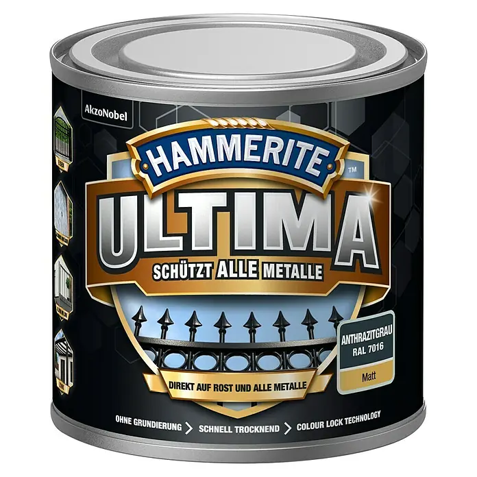 Hammerite Ultima Metall-Schutzlack - RAL 7016, Anthrazitgrau, 250 ml, Matt, Wasserbasiert - Dose Hammerite Ultima Anthrazitgrau RAL 7016 Metallschutzfarbe für den direkten Auftrag auf Rost und alle Metalle, matt.