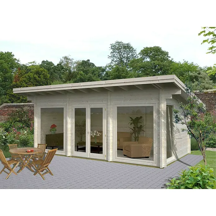 Palmako Caseta de jardín Heidi - Medidas ext. (An x Pr): 748 x 483 cm, Madera, Natural - Esta imagen muestra una encantadora caseta de jardín con grandes ventanas para abundante luz natural y un elegante conjunto de patio en frente.