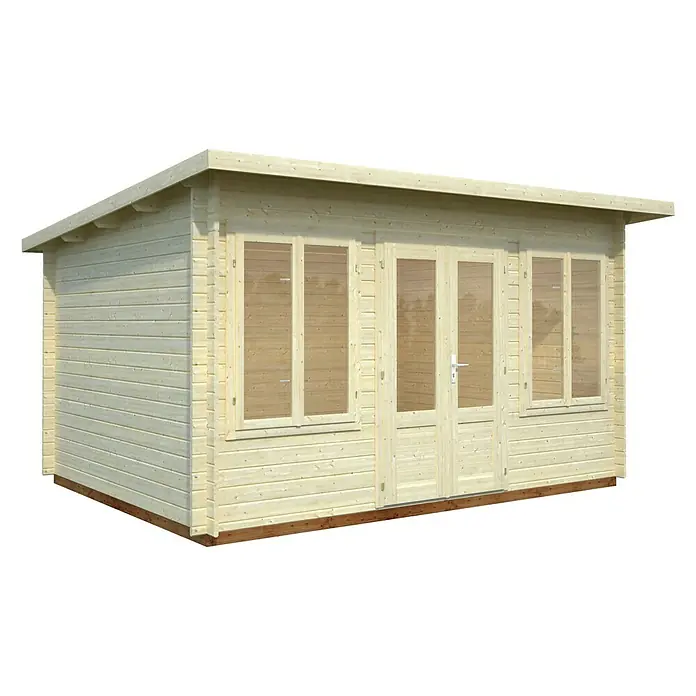 Palmako Gartenhaus Lisa - Außenmaß inkl. Dachüberstand (B x T): 440 x 366 cm, Holz, Naturbelassen - Ein helles Holzgartenhaus mit Fenstern und Doppeltür bietet einen idyllischen Rückzugsort im Grünen. Ideal für Hobby, Entspannung oder als stilvolles Gartenbüro.
