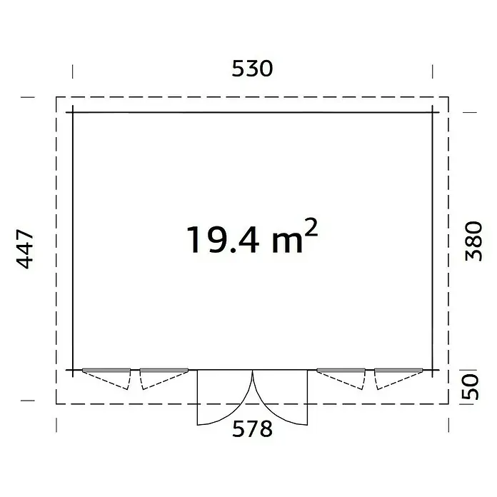 Palmako Gartenhaus Lisa - Außenmaß inkl. Dachüberstand (B x T): 578 x 447 cm, Holz, Transparent - Grundrisszeichnung eines Hauses mit Maßangaben und einer Fläche von 19,4 m². Die Zeichnung zeigt die Abmessungen der Wände.