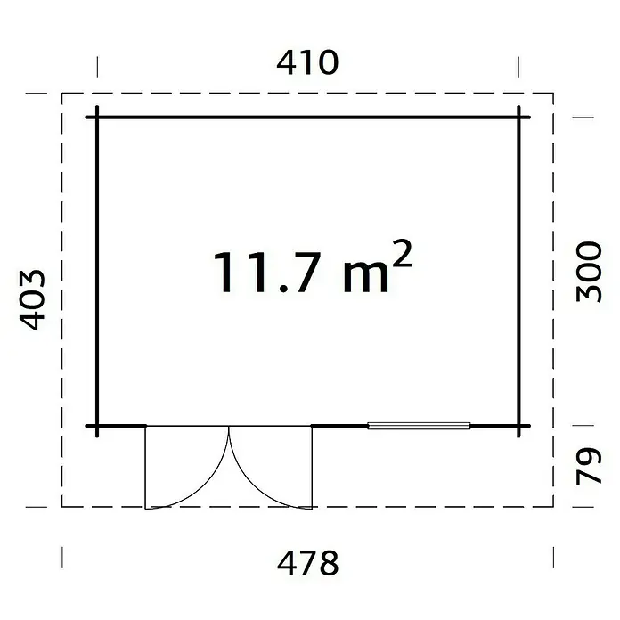 Palmako Gartenhaus Heidi - Außenmaß inkl. Dachüberstand (B x T): 478 x 403 cm, Holz, Hellbraun - Grundrisszeichnung eines Hauses mit einer Fläche von 11,7 m², mit detaillierten Abmessungen und Tür- und Fensterpositionen.