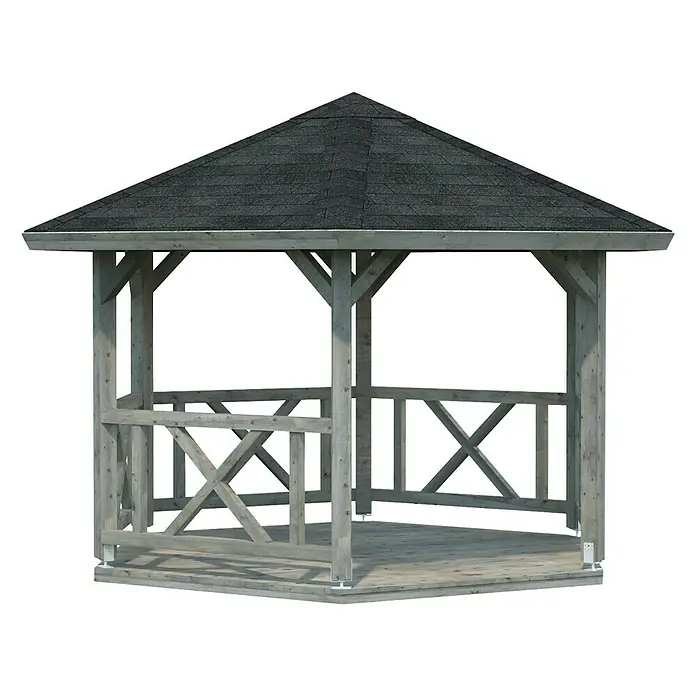 Palmako Gartenpavillon Betty - Grau - Das Bild zeigt einen achteckigen Holzpavillon mit grauem Schindeldach. Der Pavillon hat offene Seiten mit hölzernen Geländern und einem Holzboden.