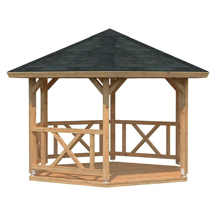 Palmako Gartenpavillon Betty - Holz, Braun - Detailaufnahme eines hölzernen Pavillons mit dunklem Dach, ideal für den Garten oder eine Terrasse. Die Konstruktion ist robust und einladend.