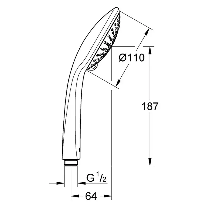 Grohe Euphoria 110 Handbrause - Anzahl Funktionen: 3 Stk., Chrom - Technische Zeichnung eines Handbrausekopfes mit Maßangaben zu Durchmesser, Höhe und Anschluss.