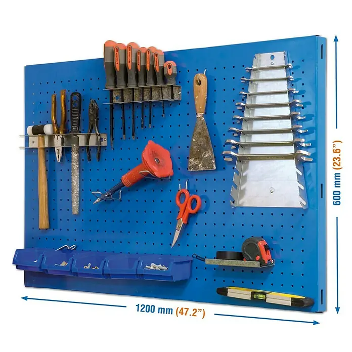 Simonrack Panelclick Lochwand - Blau, 60 x 120 cm - Blaue Werkzeugwand mit verschiedenen Werkzeugen wie Schraubendreher, Hammer und Zange. Ideal für die Werkstattorganisation.