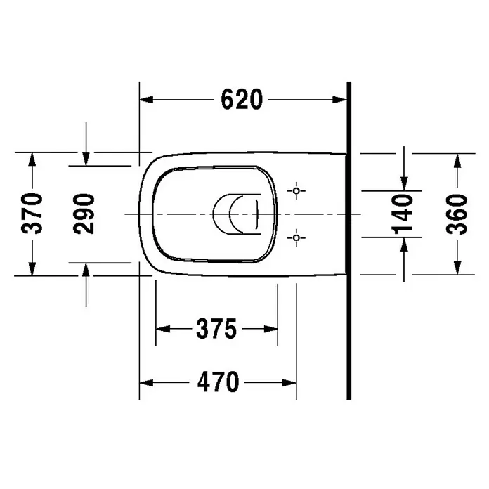 Duravit DuraStyle Wand-WC Typ 3 - Spülrandlos, Ohne Spezialglasur, Spülform: Tief, WC Abgang: Waagerecht, Weiß - Technische Zeichnung einer Toilette mit den Maßen 620 x 370 mm. Die Detailzeichnung zeigt die genauen Abmessungen für Installationszwecke.