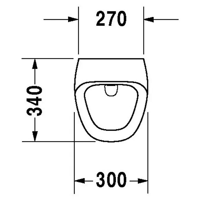 Duravit DuraStyle Urinal - Batteriebetrieben, Mit Spülrand, Unbeschichtet, Zulauf: Hinten, Absaugspülung, Ohne Zielobjekt, Ohne Urinaldeckel - Technische Zeichnung einer wandhängenden Toilette mit den Maßen 270 x 340 x 300 mm zur Information über die Produktabmessungen.