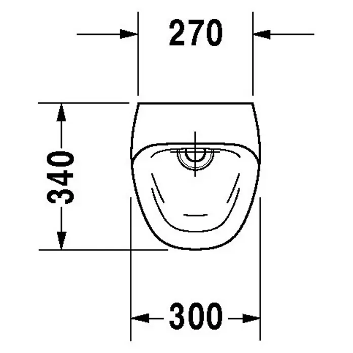 Duravit DuraStyle Urinal - Netzbetrieben, Ohne Spülrand, Unbeschichtet, Zulauf: Hinten, Absaugspülung, Ohne Zielobjekt, Ohne Urinaldeckel - Technische Zeichnung eines wandhängenden WCs mit Maßangaben. Die Abmessungen sind 270 x 340 x 300 mm.