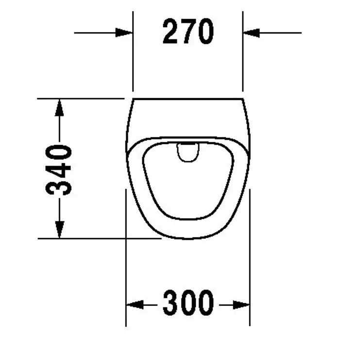 Duravit DuraStyle Urinal - Mit Spülrand, Unbeschichtet, Zulauf: Hinten, Absaugspülung, Farbe: Weiß, Ohne Zielobjekt, Ohne Urinaldeckel - Technische Zeichnung einer Toilette mit den Maßen 270 mm Breite und 340 mm Länge, und der Abstand der Befestigung beträgt 300 mm.