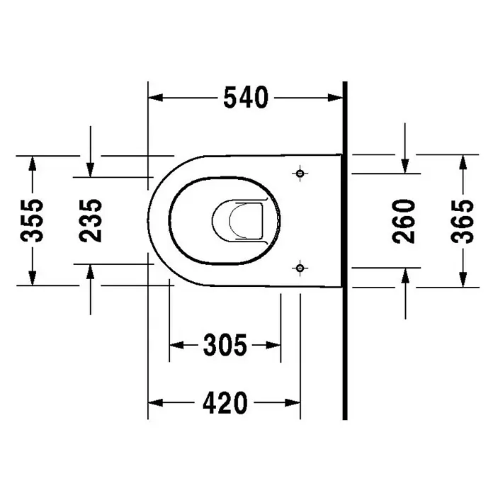 Duravit Darling New Wand-WC Typ 2 - Mit Spülrand, Ohne Spezialglasur, Spülform: Tief, WC Abgang: Waagerecht, Weiß - Draufsicht einer Toilette mit Bemaßungen, die die Größe und Positionierung des Sanitärartikels für Installationszwecke zeigen.