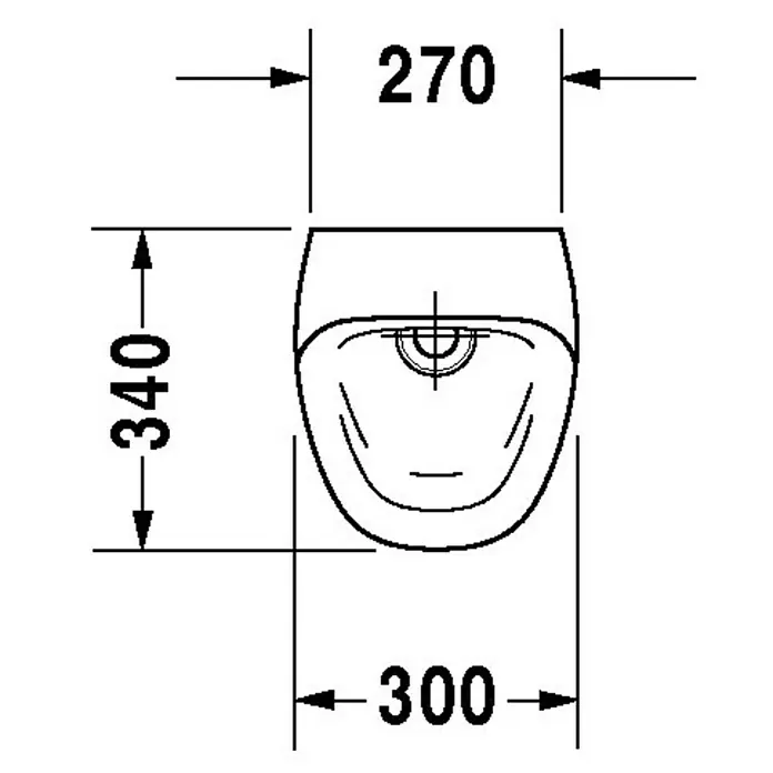 Duravit DuraStyle Urinal - Batteriebetrieben, Ohne Spülrand, Unbeschichtet, Zulauf: Hinten, Absaugspülung, Ohne Zielobjekt, Ohne Urinaldeckel - Draufsicht eines Wand-WCs mit den Maßen 270 x 340 x 300 mm für Installationsdetails.