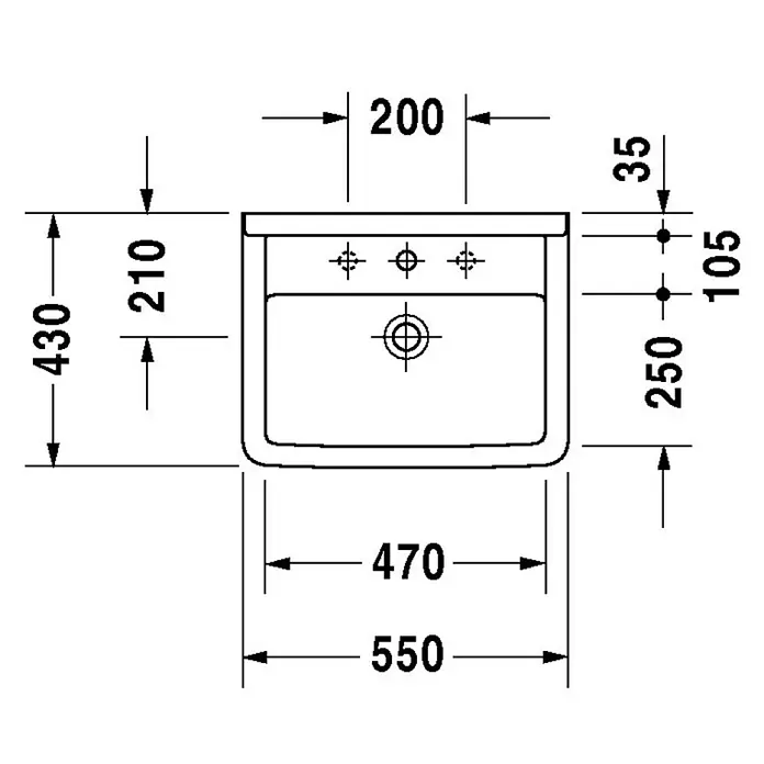 Duravit Starck 3 Waschtisch Typ 2 - 55 x 43 cm, Mit schmutzabweisender Glasur, Hahnloch: Mitte, Mit Überlauf, Weiß - Draufsicht eines Waschbeckens mit detaillierten Maßangaben für Installation und Design, inklusive Beckentiefe und Hahnlochpositionen.