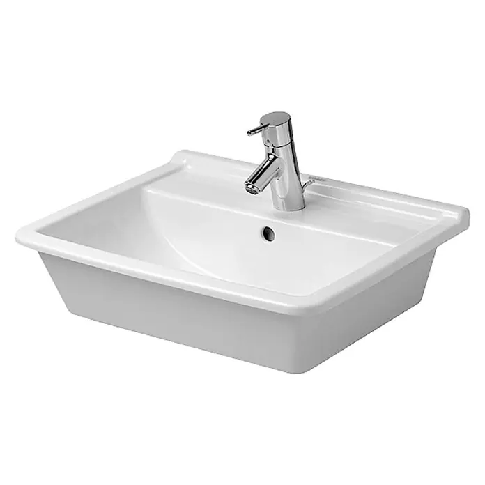 Duravit Starck 3 Einbauwaschbecken - 56 x 46,5 cm, Mit schmutzabweisender Glasur, Hahnloch: Mitte, Mit Überlauf, Weiß - Weißes Waschbecken mit Chromarmatur für Badezimmer oder Gästetoilette, ideal für moderne und minimalistische Designs.