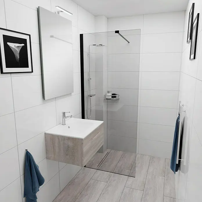Camargue Espacio Badmöbel-Set E7 - 60 cm, Faro - Helles Badezimmer mit modernem Waschtisch, großem Spiegel und stilvoller Duschkabine für ein entspannendes Ambiente.