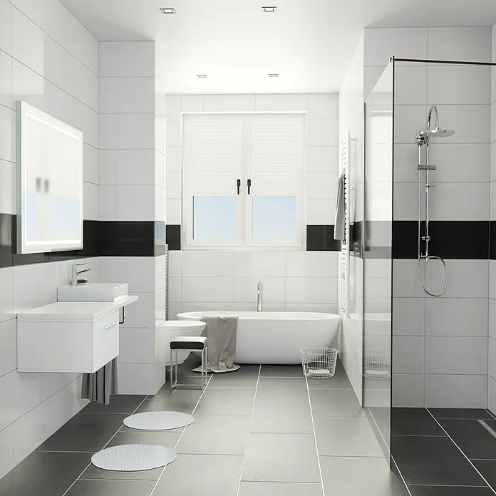 Camargue Espacio Badmöbel-Set K21 - 120 cm, Mira - Modernes Badezimmer mit weißen und schwarzen Fliesen, Badewanne und Dusche. Die Ausstattung ist modern und stilvoll.