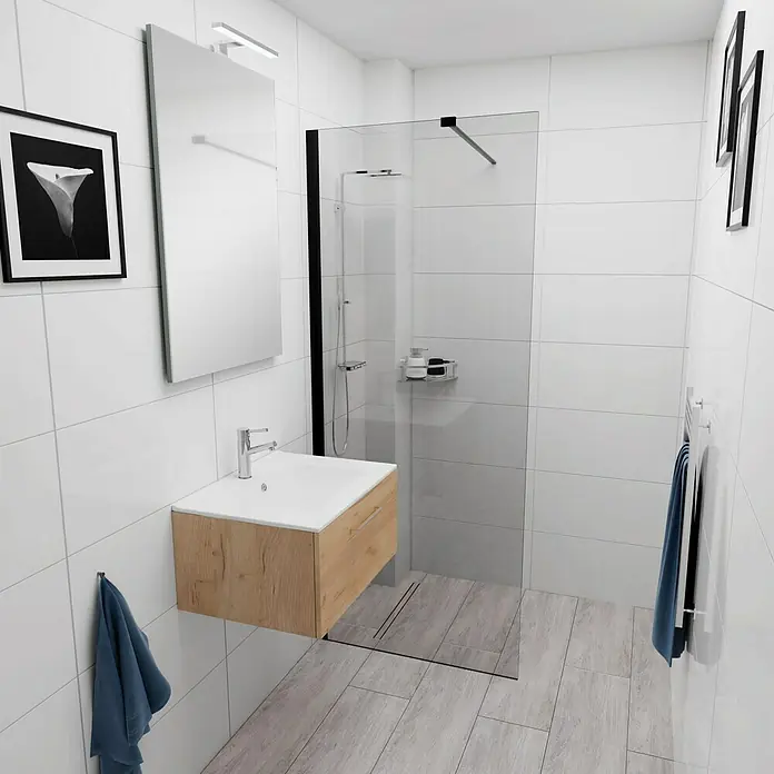 Camargue Espacio Badmöbel-Set E6 - 60 cm, Doce - Badezimmer mit Waschtischunterschrank in Holzoptik, Dusche mit Glaswand und weißen Fliesen für ein modernes Ambiente.