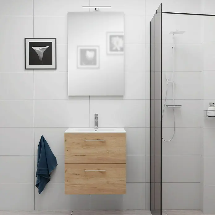 Camargue Espacio Badmöbel-Set E15 - 60 cm, Doce - Das Badezimmer verfügt über einen Waschbeckenunterschrank mit zwei Schubladen und einem Spiegel, ergänzt durch eine Dusche mit schwarzem Rahmen.