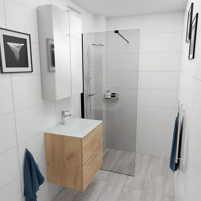 Camargue Espacio Badmöbel-Set E25 - 60 cm, Doce - Ein modernes Badezimmer mit einem Waschtischunterschrank in Holzoptik und einem weißen Spiegelschrank. Die Dusche ist mit einer Glaswand abgetrennt.