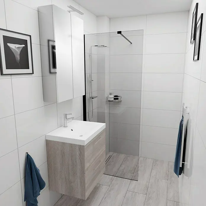 Camargue Espacio Badmöbel-Set E36 - 60 cm, Faro - Badezimmer-Interieur mit Waschtischunterschrank in Holzoptik, Waschbecken und Spiegelschrank. Eine moderne Dusche mit Glaswand ist im Hintergrund sichtbar.