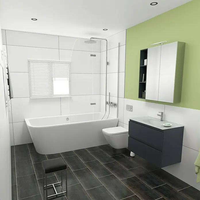 Camargue Espacio Badmöbel-Set G64 - 80 cm, Gama anthrazit matt - Modernes Badezimmerdesign mit freistehender Badewanne, Waschtisch, WC und dunklen Bodenfliesen für ein stilvolles Ambiente.