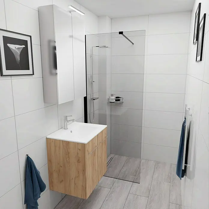 Camargue Espacio Badmöbel-Set E66 - 60 cm, Doce - Ein modernes Badezimmer mit einem Waschtisch mit Holzfront und einem weißen Aufsatzwaschbecken, einer Dusche mit Glaswand und weißen Fliesen.