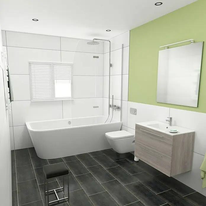 Camargue Espacio Badmöbel-Set G7 - 80 cm, Faro - Ein modernes Badezimmer mit Badewanne, Waschbeckenunterschrank, Toilette und einem Hocker. Die Einrichtung ist stilvoll und funktional gestaltet.