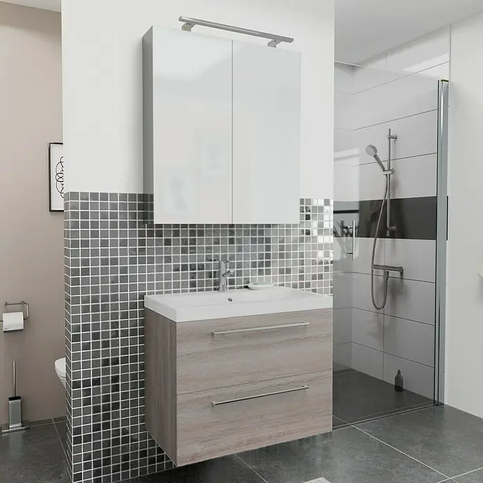 Camargue Espacio Badmöbel-Set G17 - 80 cm, Faro - Modernes Badezimmer-Ensemble mit Waschtischunterschrank in Holzoptik und weißem Hängeschrank. Stilvolles Design für Ihr Bad.