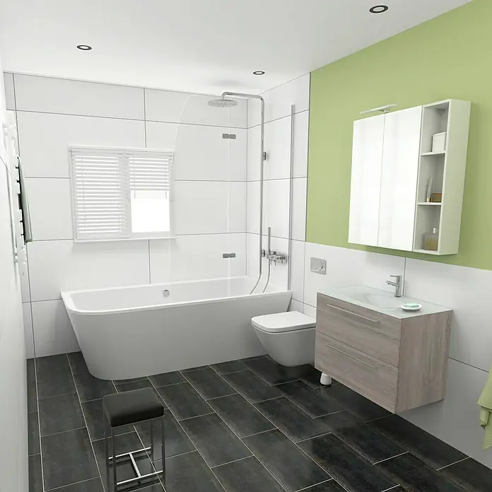 Camargue Espacio Waschtischunterschrank - 80 x 46 x 60 cm, 2 Schubkästen, Faro - Ein Badezimmer mit Badewanne, Dusche, WC und Waschbecken mit Holzschrank und einem grünen Akzent an der Wand.