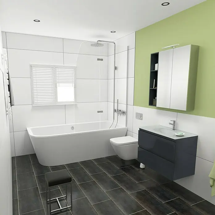 Camargue Espacio Badmöbel-Set G65 - 80 cm, Gama anthrazit glänzend - Modernes Badezimmer-Interieur mit weißen Fliesen, Badewanne, Duschabtrennung, Waschtisch mit Unterschrank und einem Hocker.