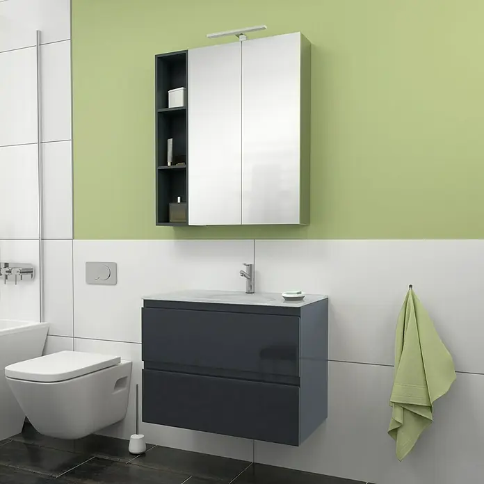 Camargue Espacio Badmöbel-Set G65 - 80 cm, Gama anthrazit glänzend - Modernes Badezimmer-Interieur mit hängendem Waschtisch in Anthrazit, Spiegelschrank und wandhängendem WC für ein stilvolles Ambiente.