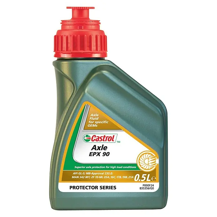 Castrol Hochdruck-Getriebeöl Axle EPX - 90 W, 500 ml - Das Bild zeigt eine 0,5-Liter-Flasche Castrol Axle EPX 90 Achsöl der Protector Serie für hohe Lastanforderungen.
